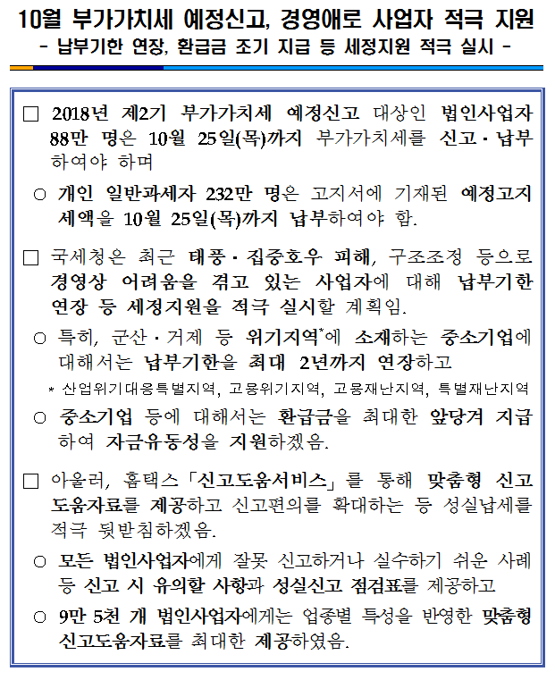 10월 부가가치세 예정신고, 경영애로 사업자 적극 지원